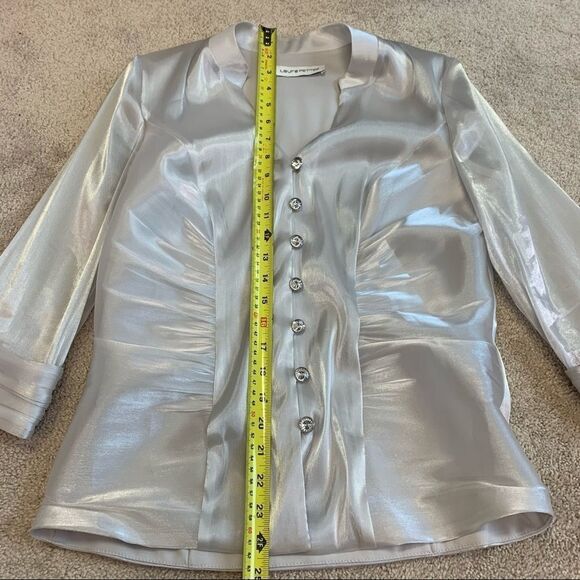Laura Petites Silver pearl shiny coloured evening formal blouse size 10P - Picture 7 of 9